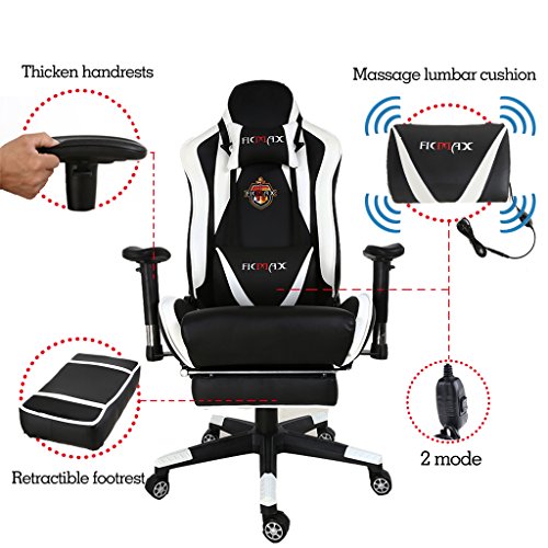 SITMOD Gaming Stuhl Ergonomischer Bürostuhl PC Gamer Stühle mit Massage Lendenkissen Rennstil,Gaming Stühle mit verstellbaren Armlehnen und Fußstützen Weiß