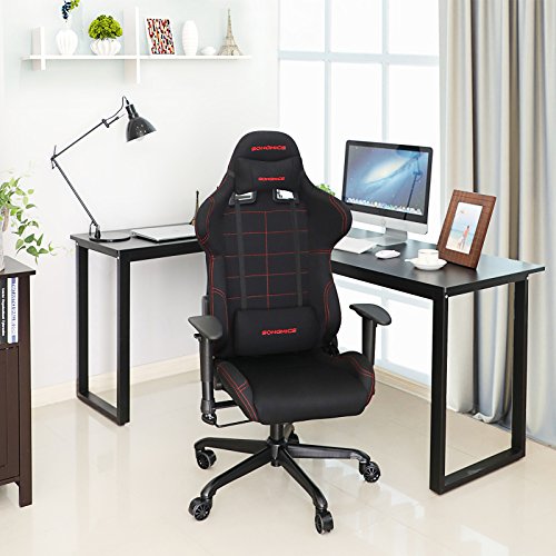 SONGMICS Bürostuhl Gaming Stuhl mit hoher Rückenlehne Formschaum gepolsterte Sitzschale verstellbare Kopfkissen und Lendenkissen für Soho- oder Büroarbeit schwarz RCG001