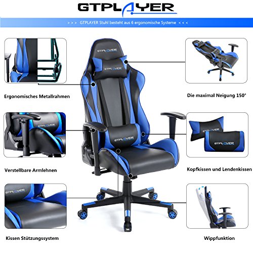 GTPLAYER Gaming Stuhl Racing Stuhl Bürostuhl Kunstleder PU Chefsessel Höhenverstellbarer Schreibtischstuhl Ergonomisches Design mit Verstellbaren Armlehnen und Wippfunktion